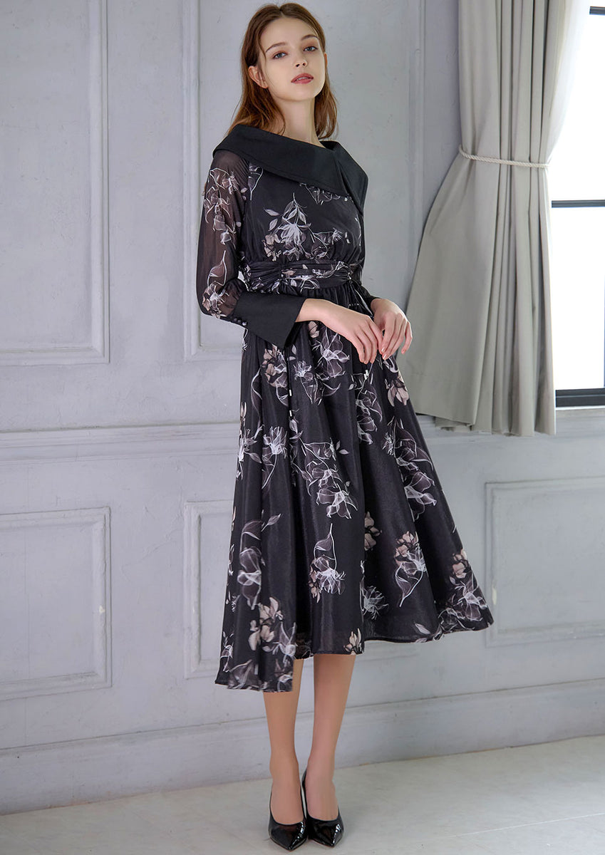 riu Asymmetry collar flower dress - 長袖・七分袖