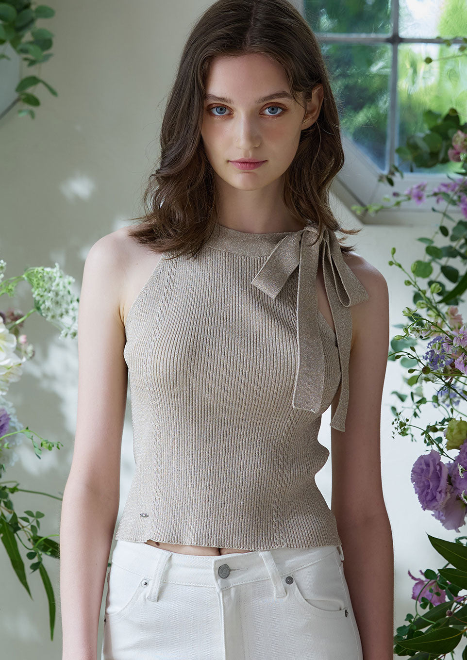 Riu】Halter neck ribbon knitブルー