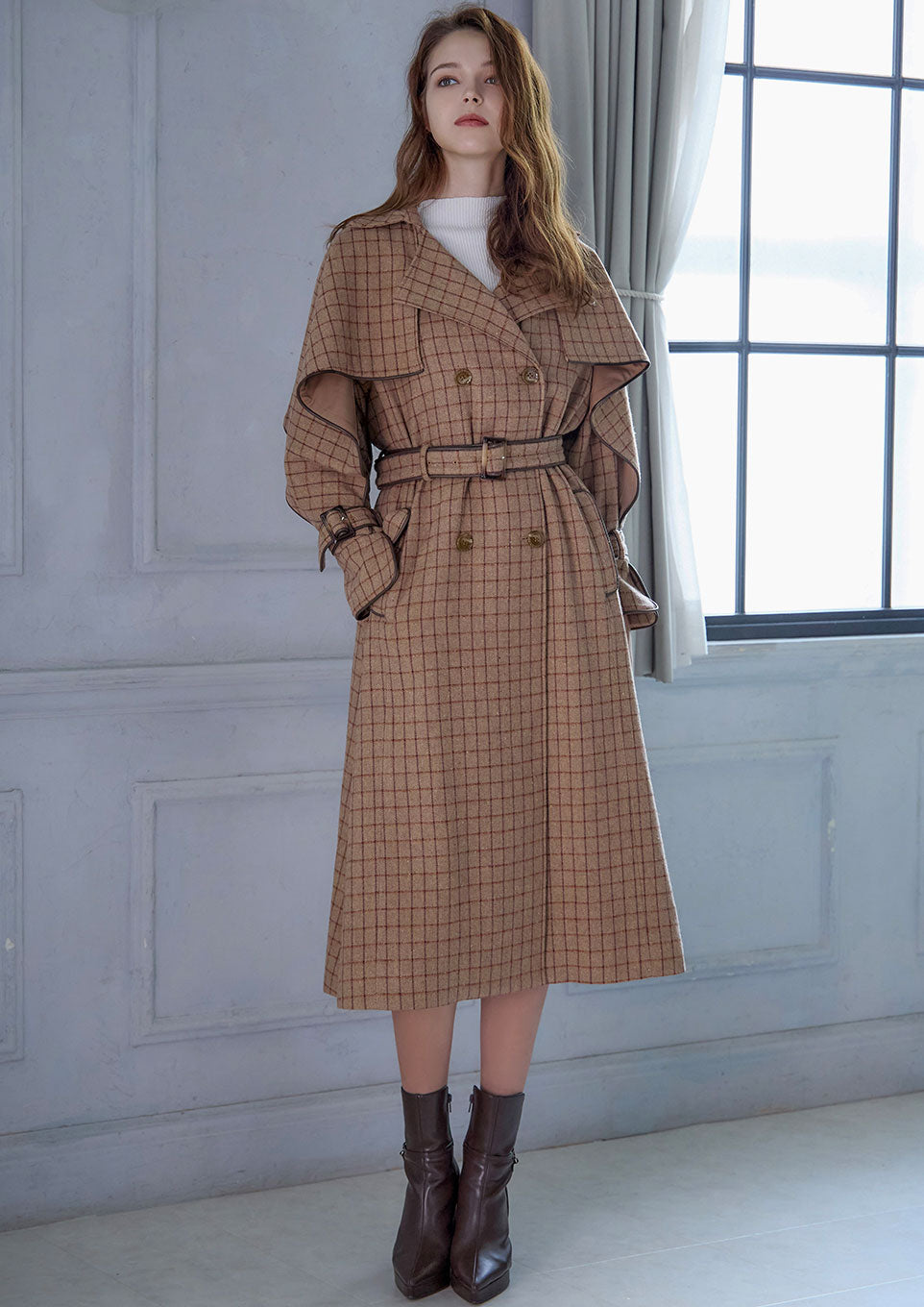 Windowpane umbrella trench coat