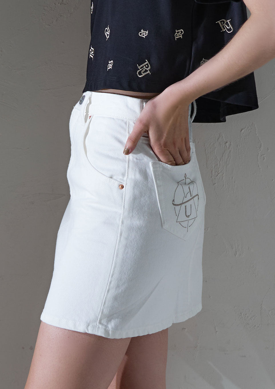 riu short denim skirt