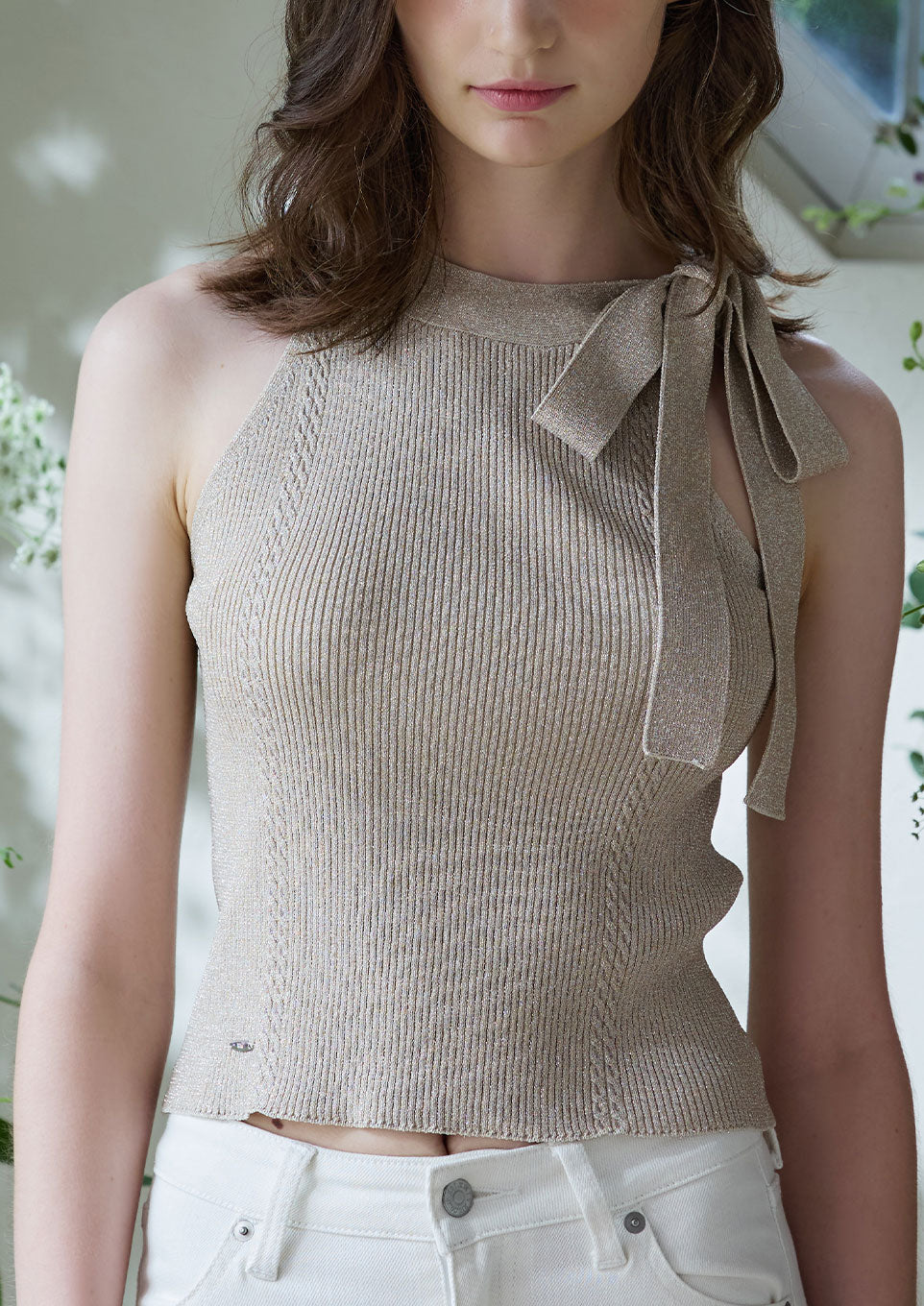 トップス Riu Halter neck ribbon knit Riu Halter neck ribbon knit White Rちゃん JUEMI Ribbon Tie Halter