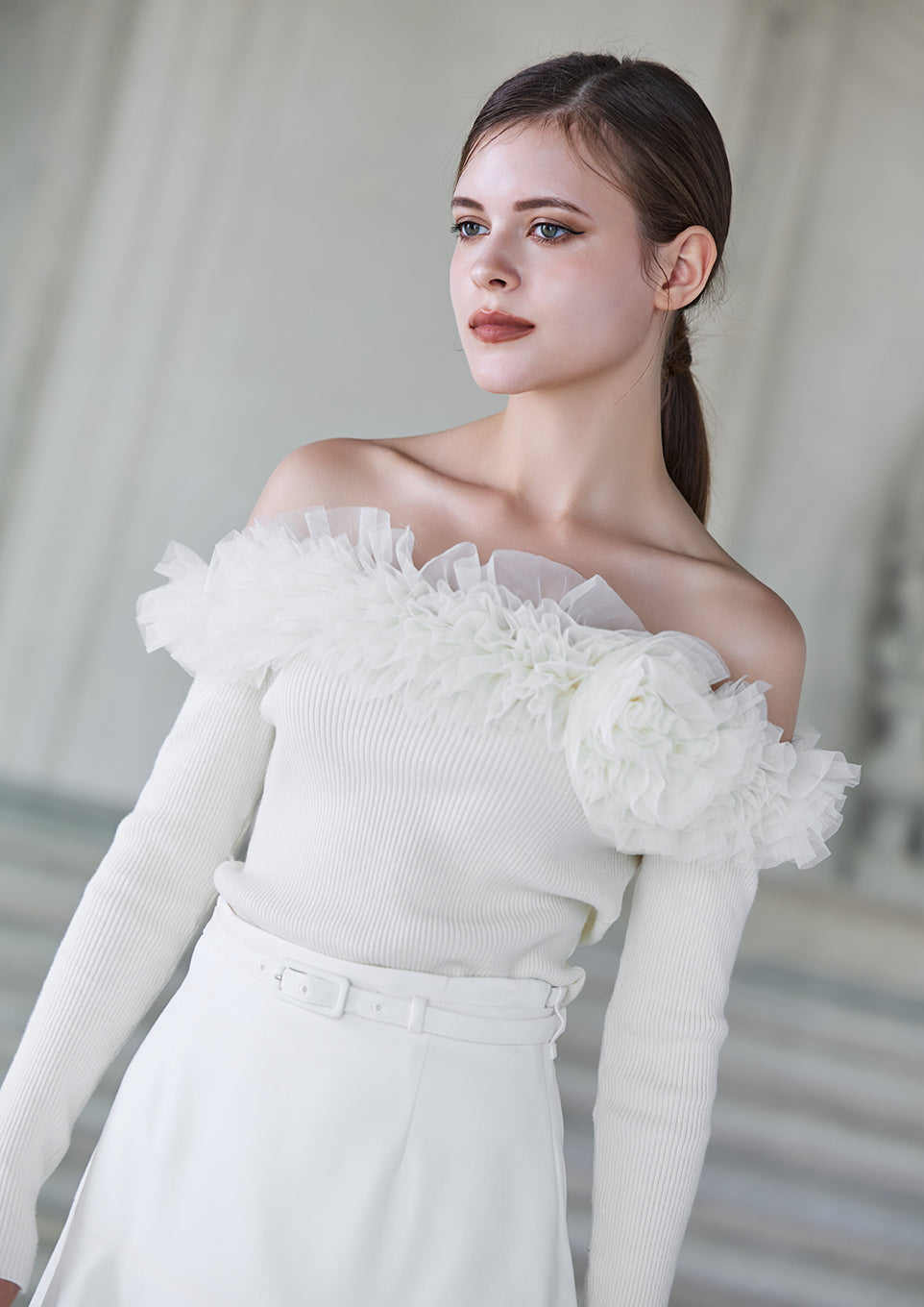 【新品】Riu Sheer pleats flower tops ホワイト Roses bloom knit tops – Riu