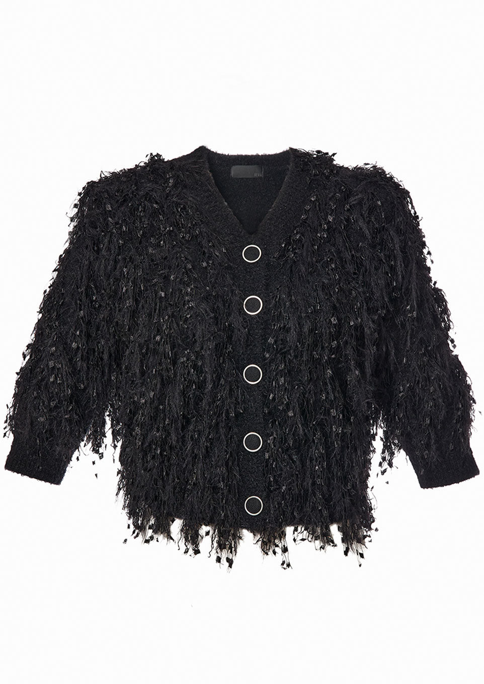 Ribbon yarn fringe knit cardigan