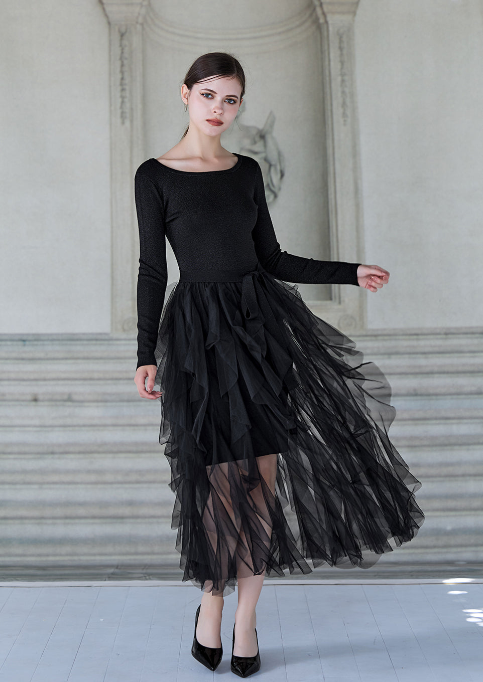 Tulle raffle docking knit dress – Riu