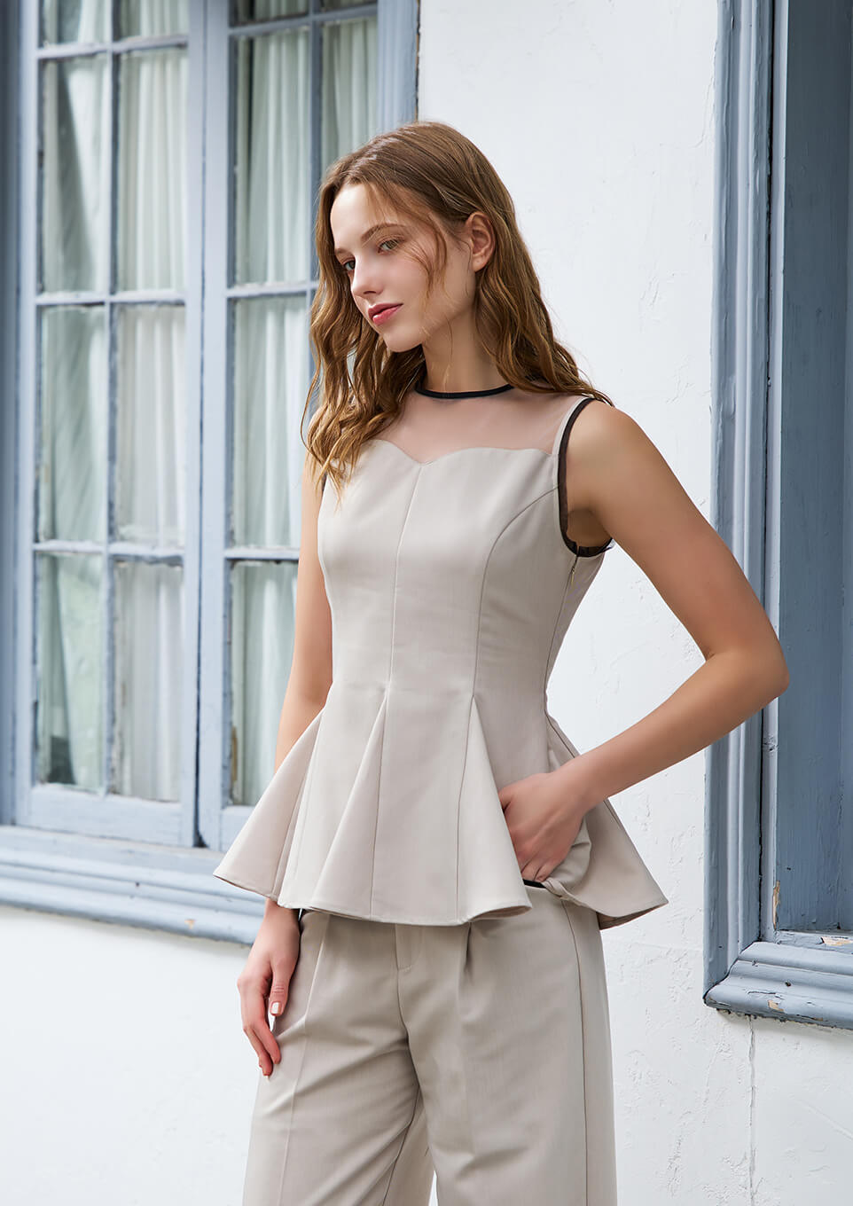 冬ギフト  Decolletage Riu – tops peplum sheer トップス