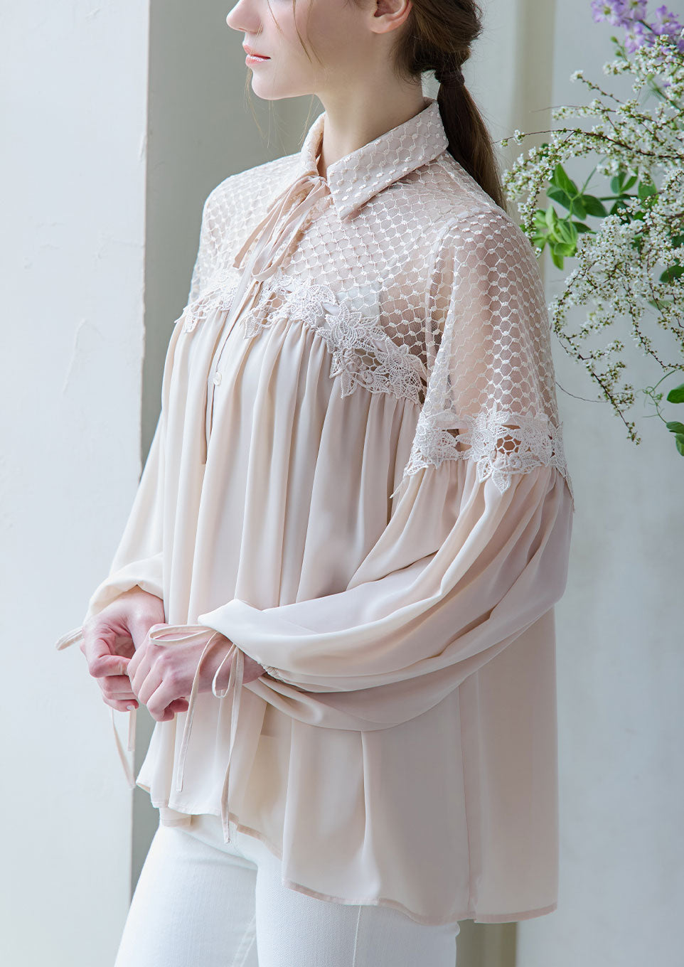 Lace switching sheer shirt