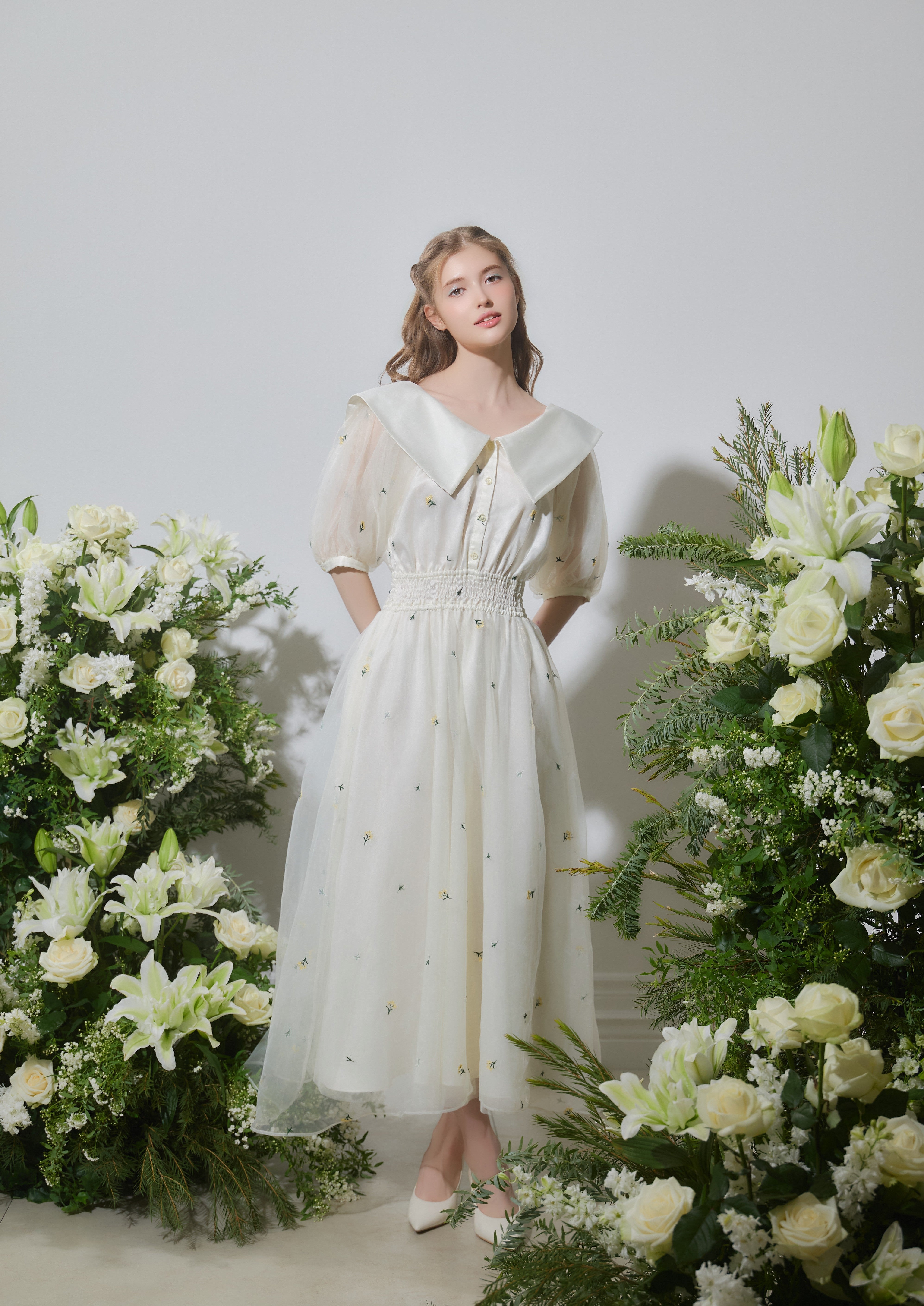 Asymmetry collar flower dress Riu ワンピース Dresses – Riu
